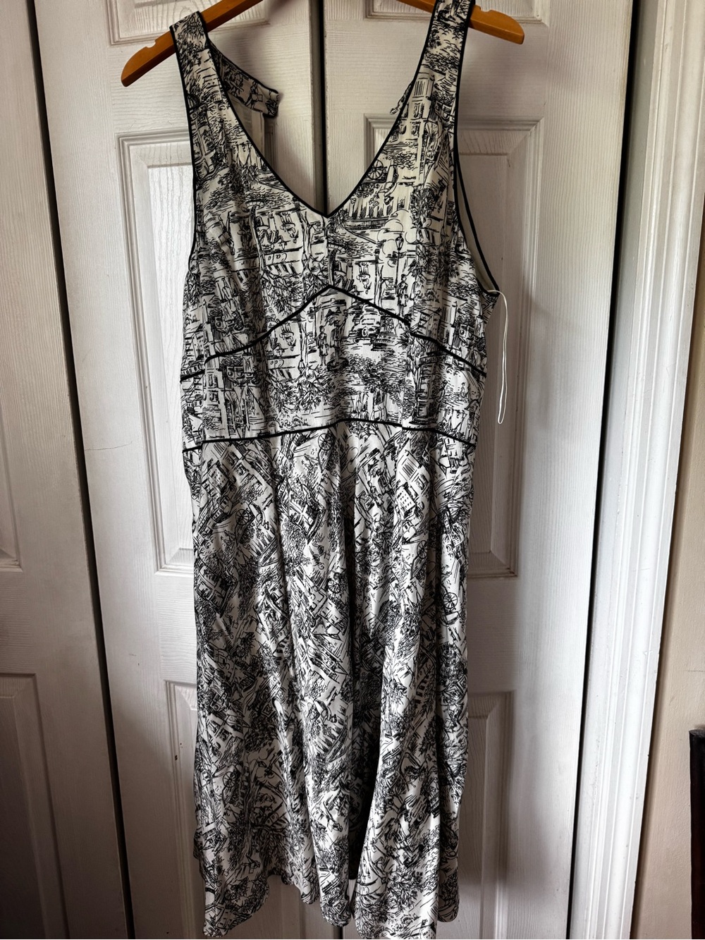 LOFT Black and White Printed V-Neck Midi Dress